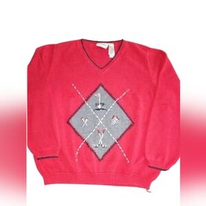 Lizgolf red sweater with golf designs on the front